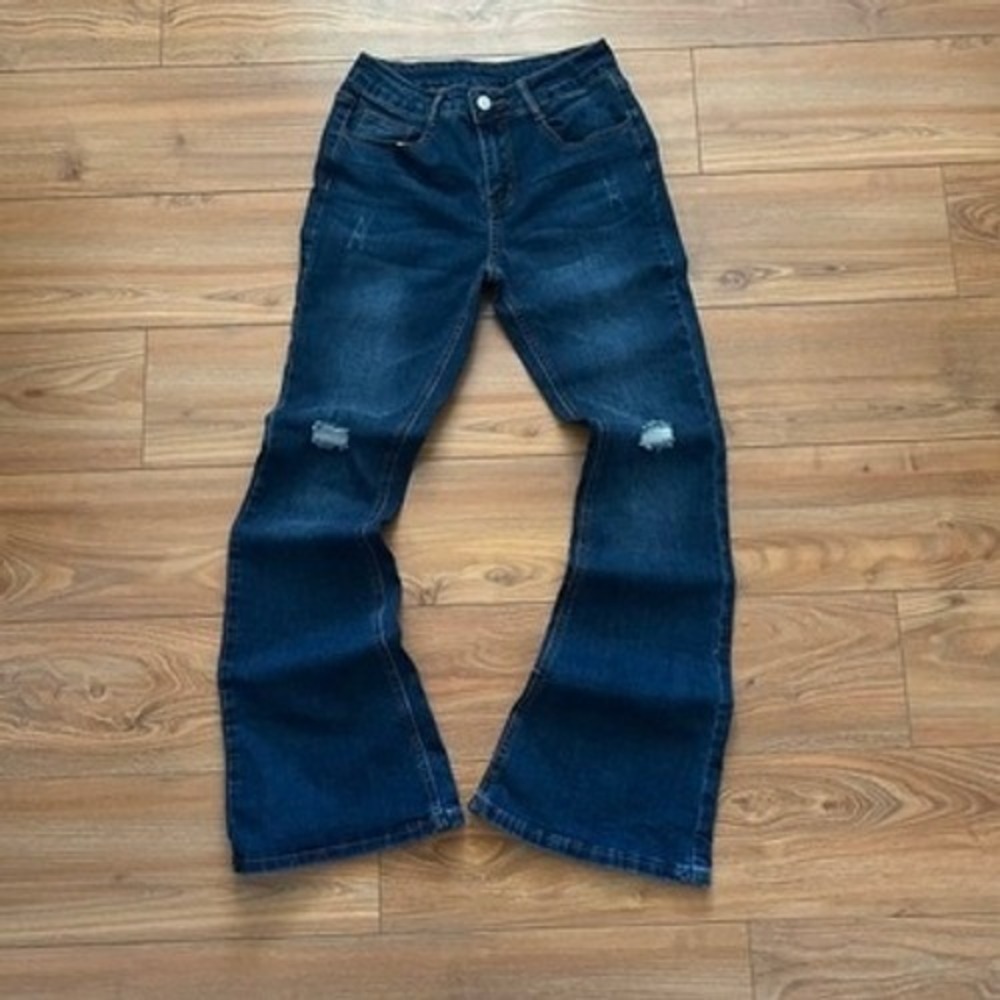 Y2k styled High-Waisted Distressed Flare Denim Jeans Dark Wash Sz S